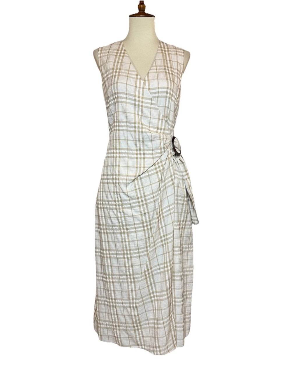 Alex Marie Maria Belted Faux Wrap Dress Khaki Ivory Plaid Midi Length NWT